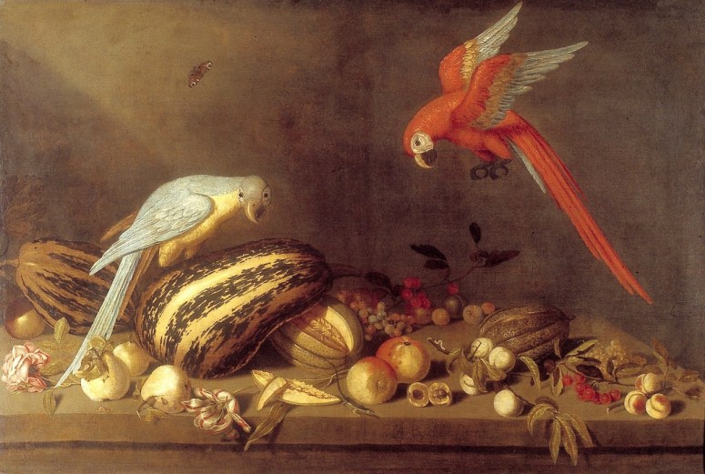 Still Life with Fruits and Two Cockatoos (1635) by Ambrosius Bosschaert II (1609–1645)